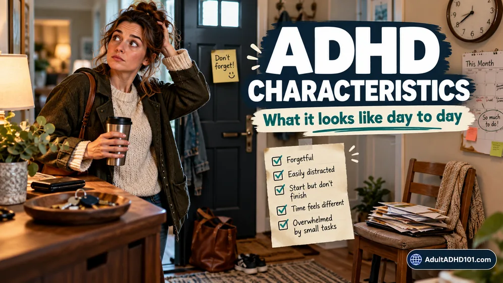 Hallway with a dropped bag, keys on a side table and a wall calendar showing everyday ADHD characteristics