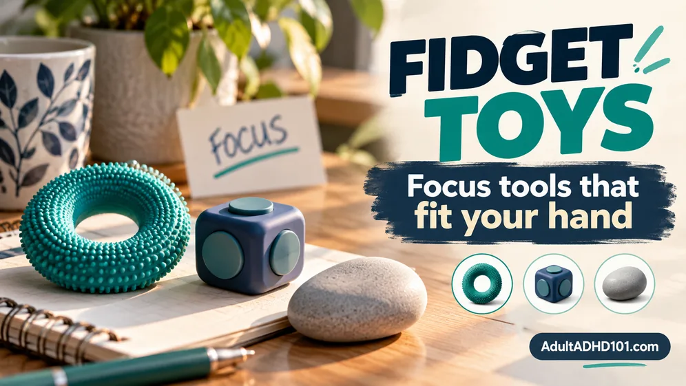 Unbranded fidget toys on a desk corner: a textured ring, a small cube and a smooth stone