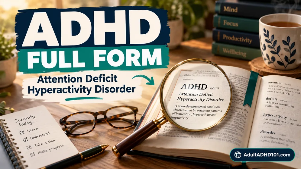 Open book with reading glasses and a bookmark showing what the ADHD full form stands for