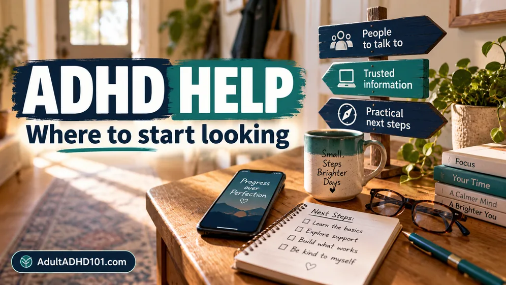 Hallway table with a phone, a notepad and a mug, finding ADHD help for adults