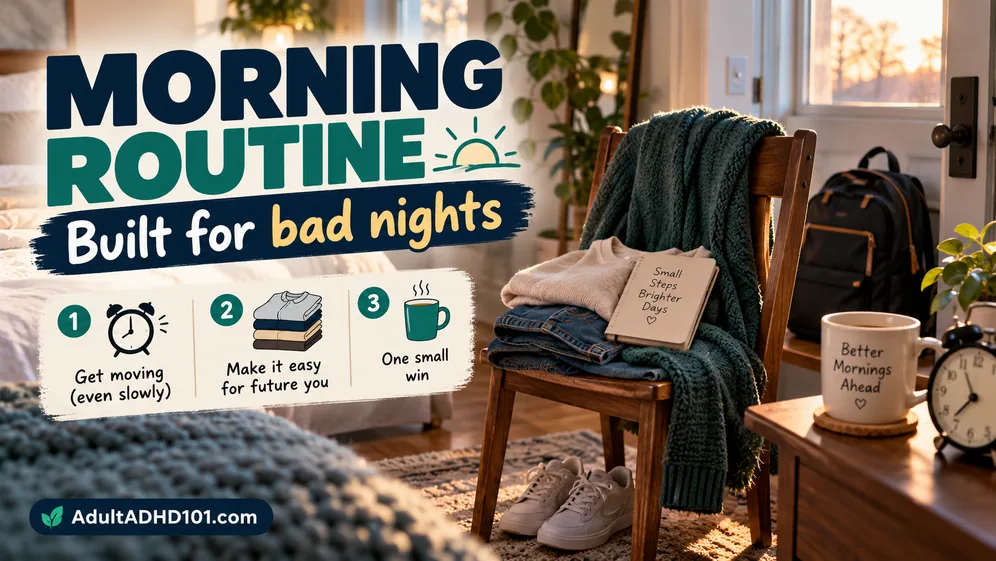 Bedroom corner with clothes laid out on a chair, a bag by the door and a mug for an ADHD morning routine
