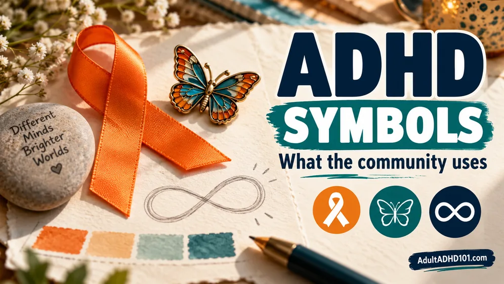 Orange awareness ribbon, butterfly pin and infinity loop used as ADHD community symbols