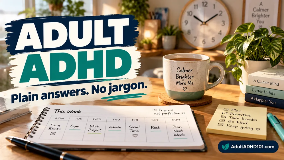 Adult ADHD guide: a planner, a checklist and a mug of tea on a calm home desk