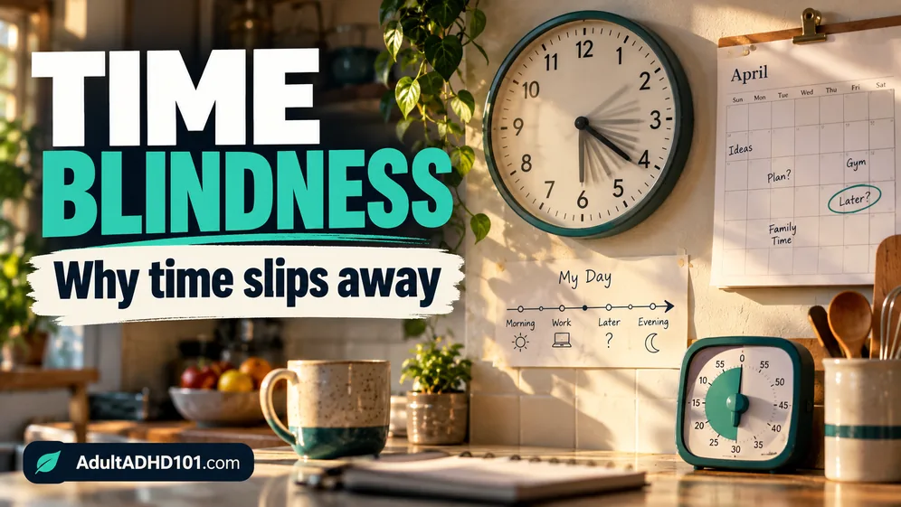 Kitchen wall clock, paper calendar and small timer illustrating time blindness in ADHD