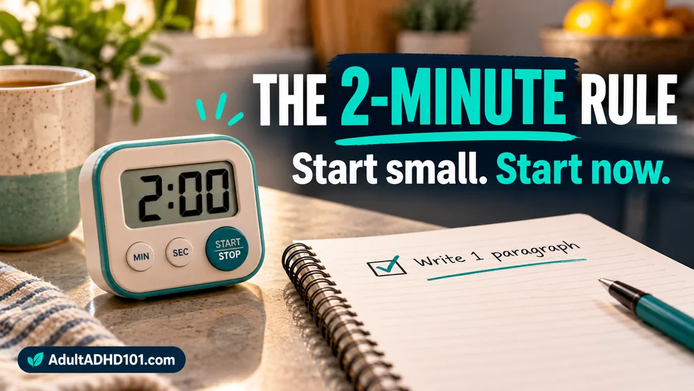 Small kitchen timer beside a notebook with one short written task, the two-minute rule for ADHD
