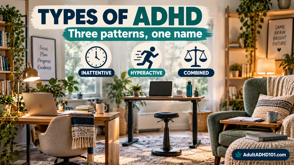 Three tidy work surfaces illustrating inattentive, hyperactive and combined ADHD types