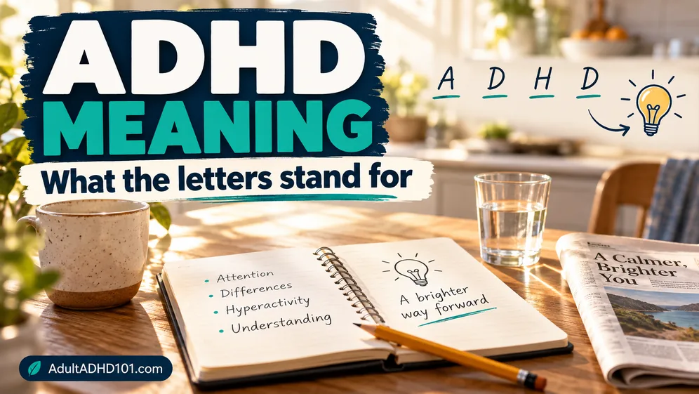 Notebook and pencil on a kitchen table explaining what the letters in ADHD mean