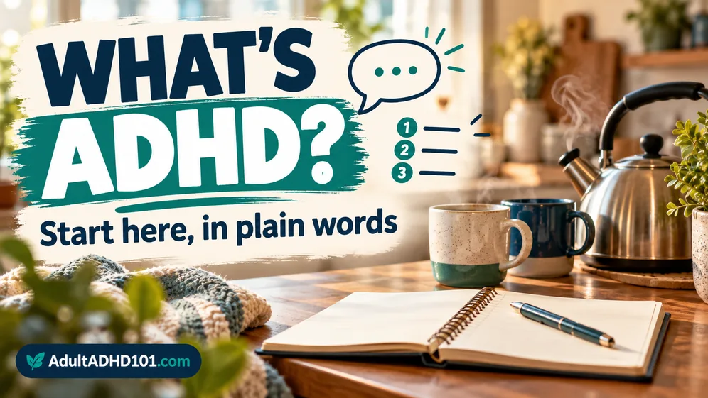 Kettle, two mugs and an open notebook on a kitchen counter as a plain-language start to ADHD