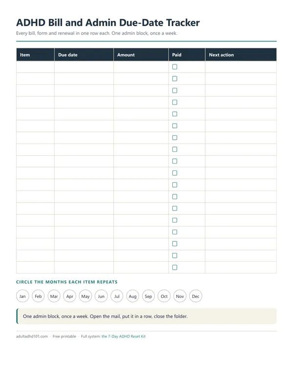 Bill and Admin Due-Date Tracker printable with due date, amount, paid tick box and next action columns