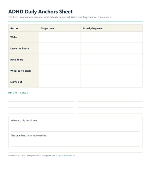ADHD Daily Anchors Sheet with five fixed points of the day and a target time column