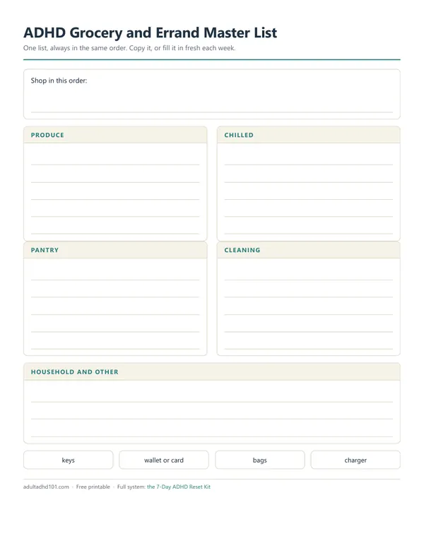 Grocery and Errand Master List with the same categories in the same order every week