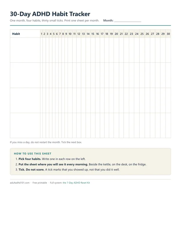 30-Day Habit Tracker printable: four habit rows with thirty tick boxes each