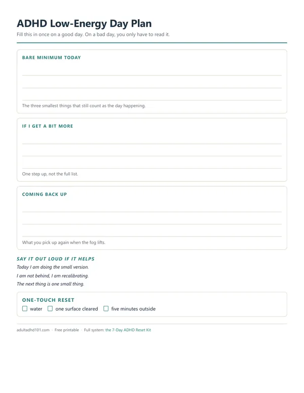 Low-Energy Day Plan with a bare minimum column, one step up and a space to pick things up again
